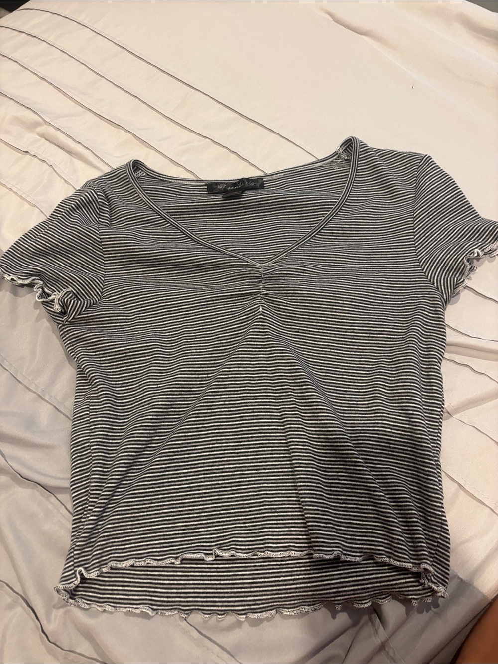 Striped Black & White Short Sleeve V-Neck Ruched Crop Top